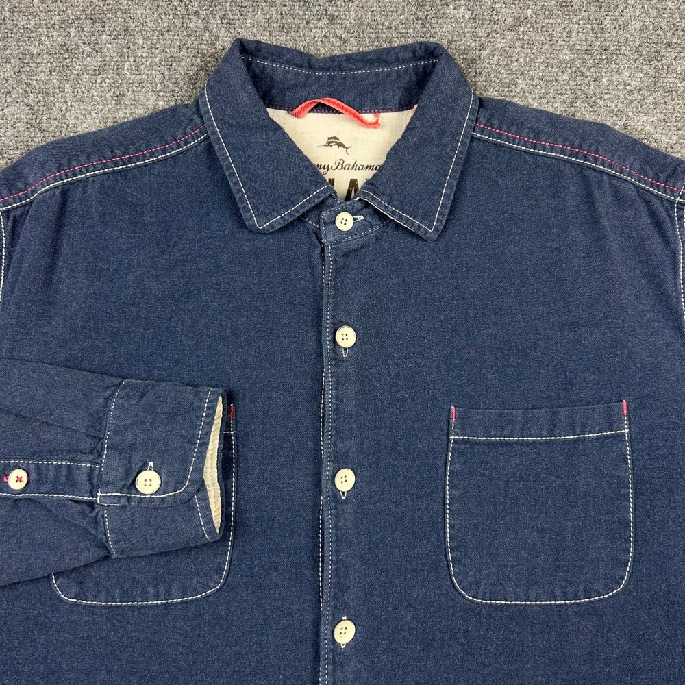 Tommy Bahama Seaside Flannel Relax Shirt Men XL Navy Blue Cotton Contrast Stitch